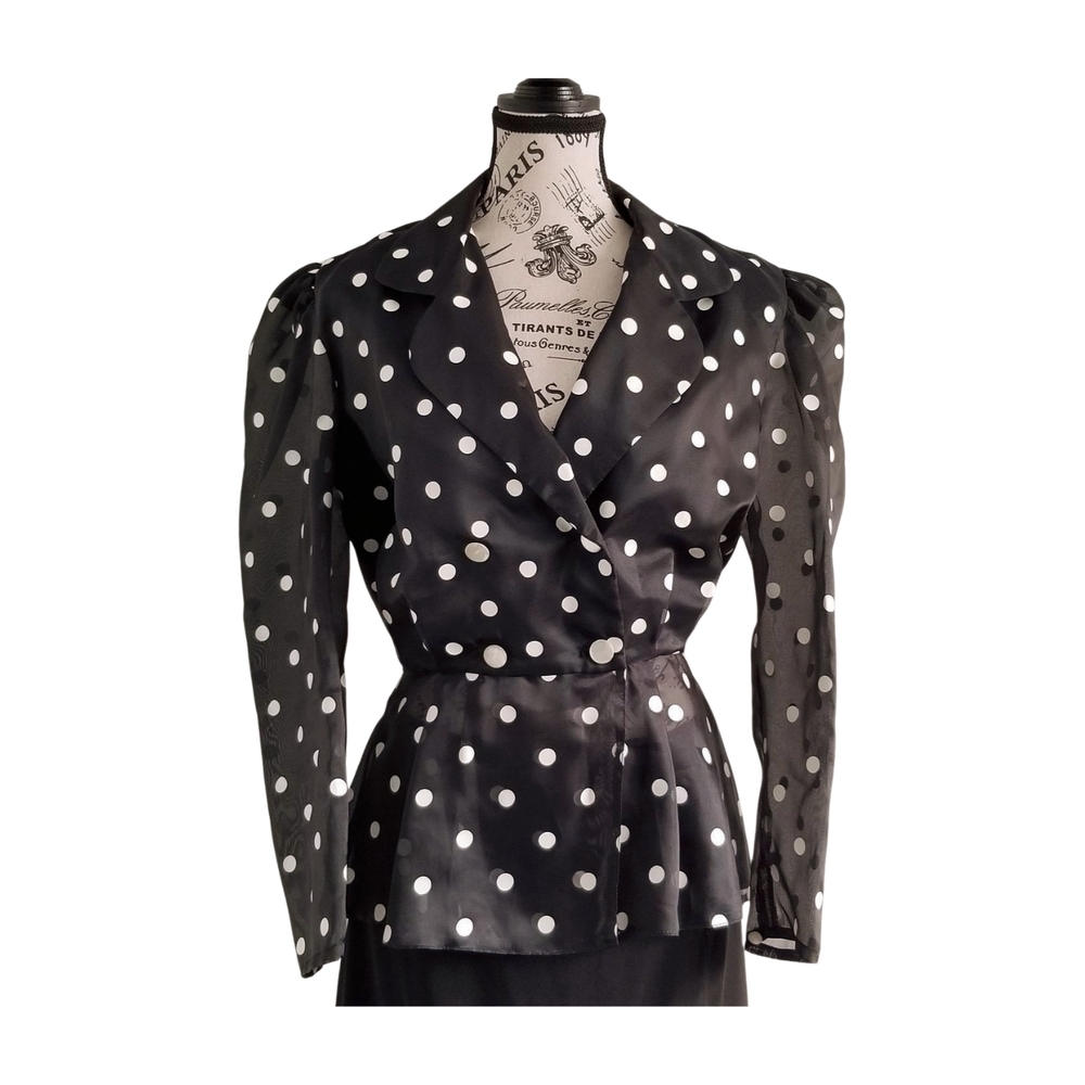 80s Vintage Black and White Polka Dot Mesh Power Blazer Size Medium